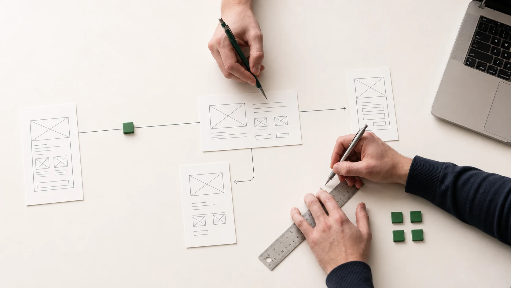 Hands sketching a digital product user flow with paper wireframes.