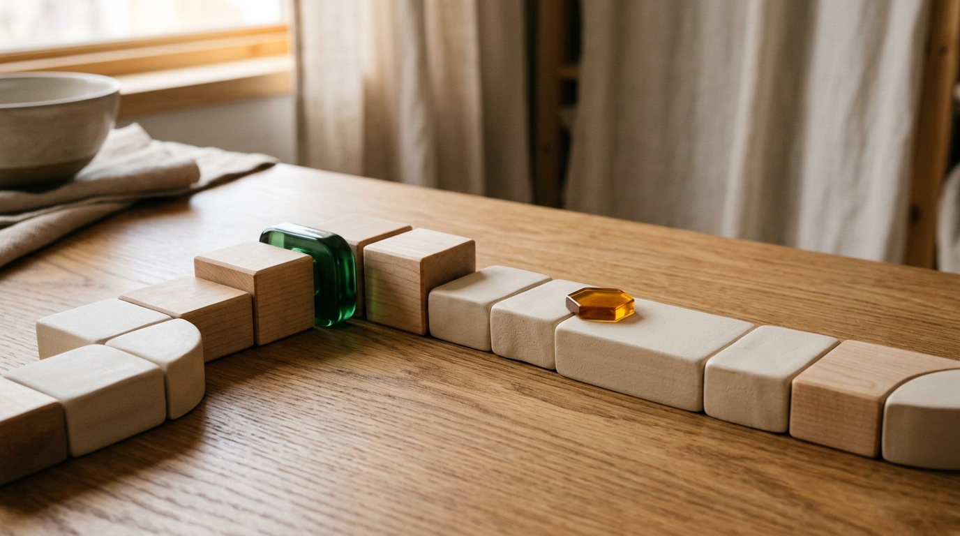 Modular blocks forming a work path, joined by a translucent green piece.