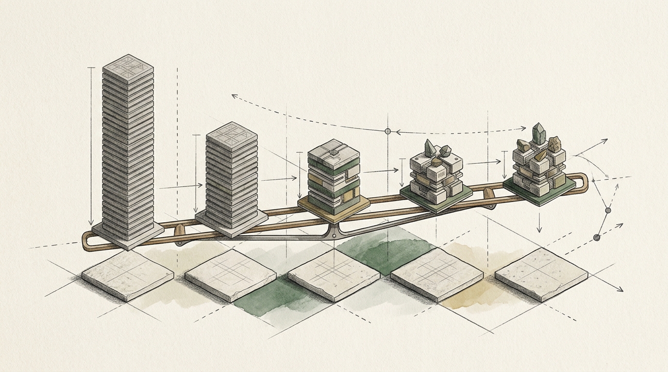 Physical balance comparing recurring subscriptions with a modular system across a five-year path.
