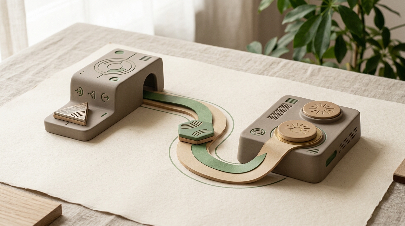 Two abstract devices linked by a visual journey from request to result.