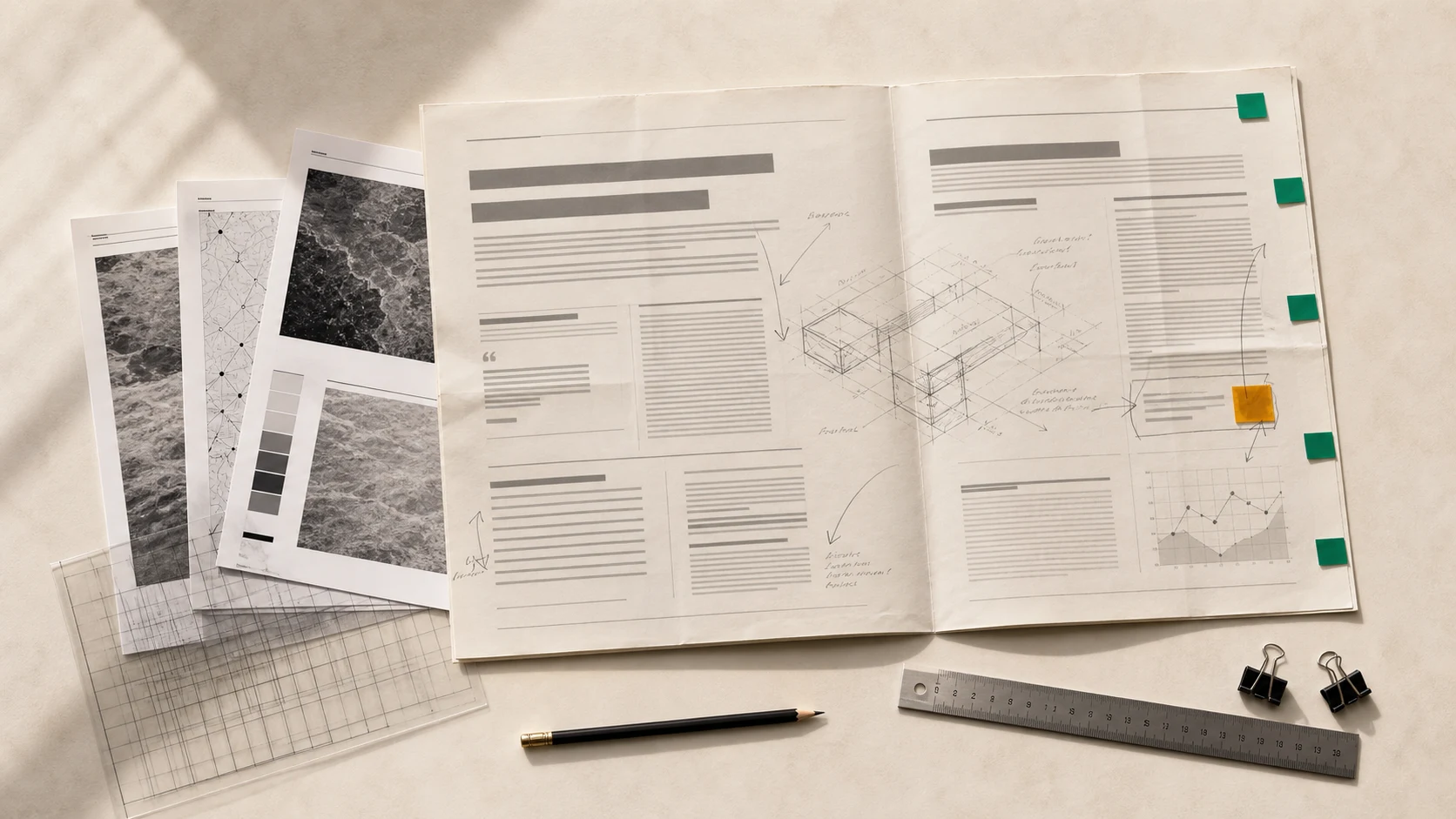 Annotated editorial proof, research sheets and decision markers prepared for publishing a practical guide.