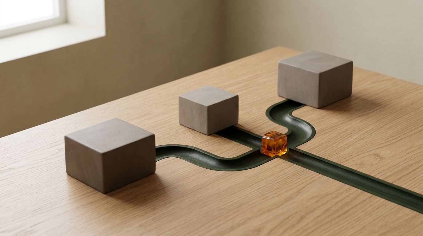 A green path linking three blocks and an amber decision point.