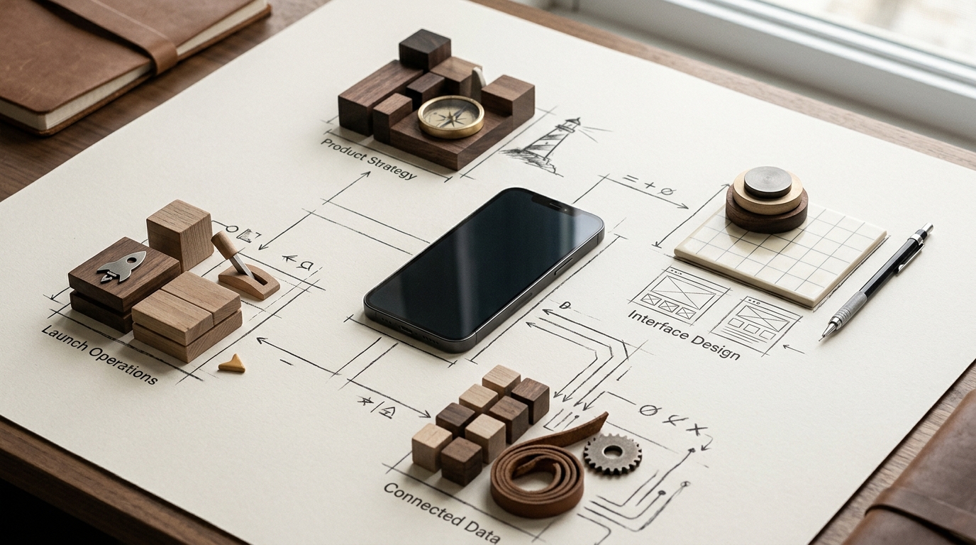 Phone surrounded by planning modules representing the stages and costs of a mobile product.
