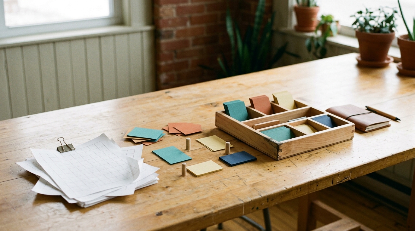 Blank grid sheets and tokens arranged to structure a work process.