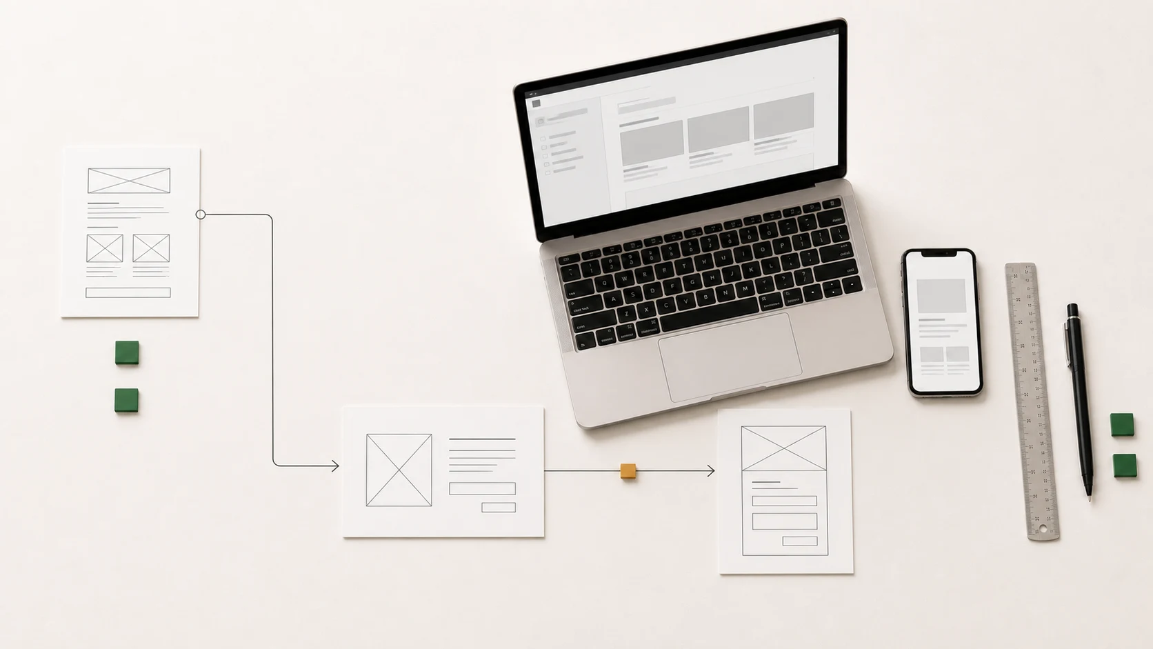 Paper model of website pages connected to speed, measurement and inquiry markers.
