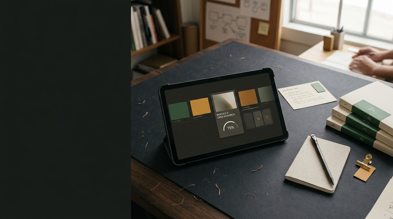 Tablet, training modules, and scoping notes arranged on a desk to plan an LMS platform.