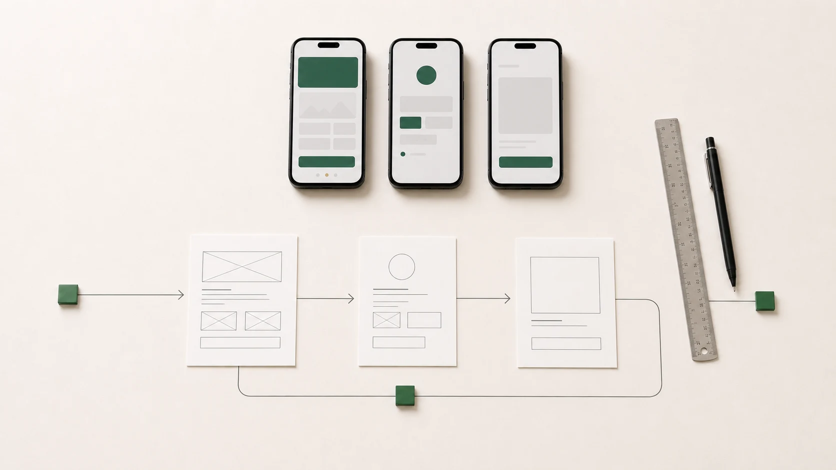 Two phones and mobile screen cards laid out on a table to plan a mobile application.