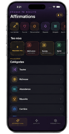 Phone showing affirmation mixes inside the Attraya app.