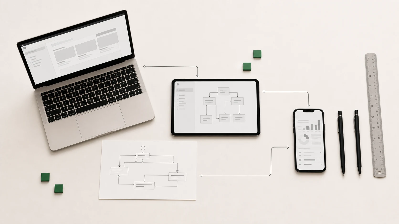 Laptop, phone and tablet displaying product interfaces beside a workflow diagram.