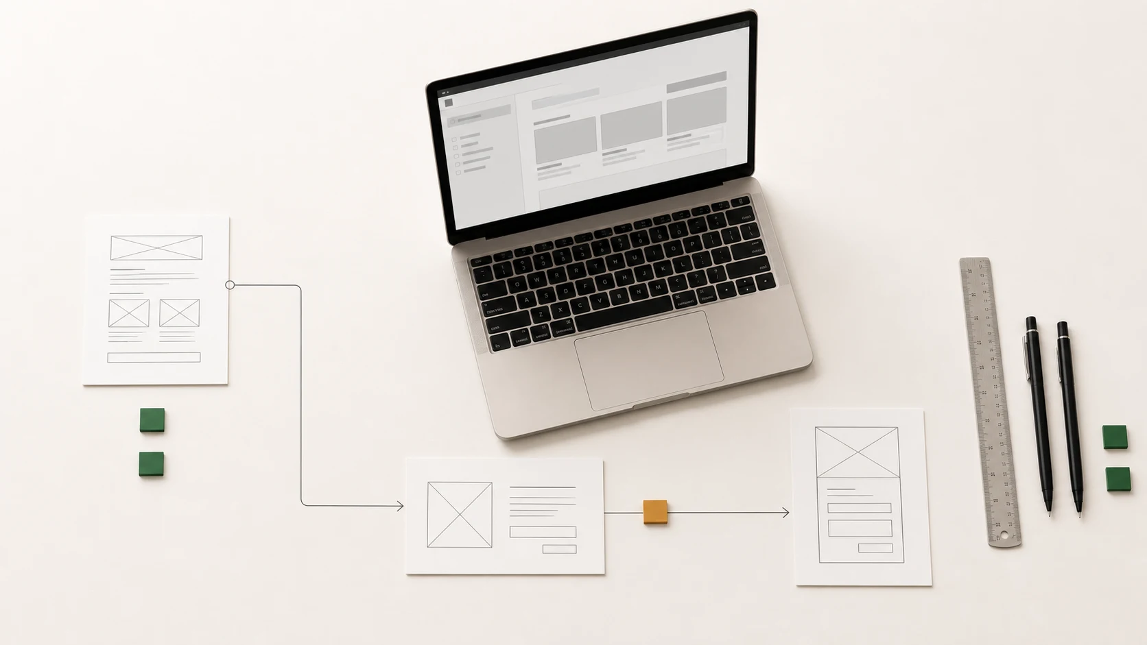 Laptop and paper wireframes used to plan a custom digital product.