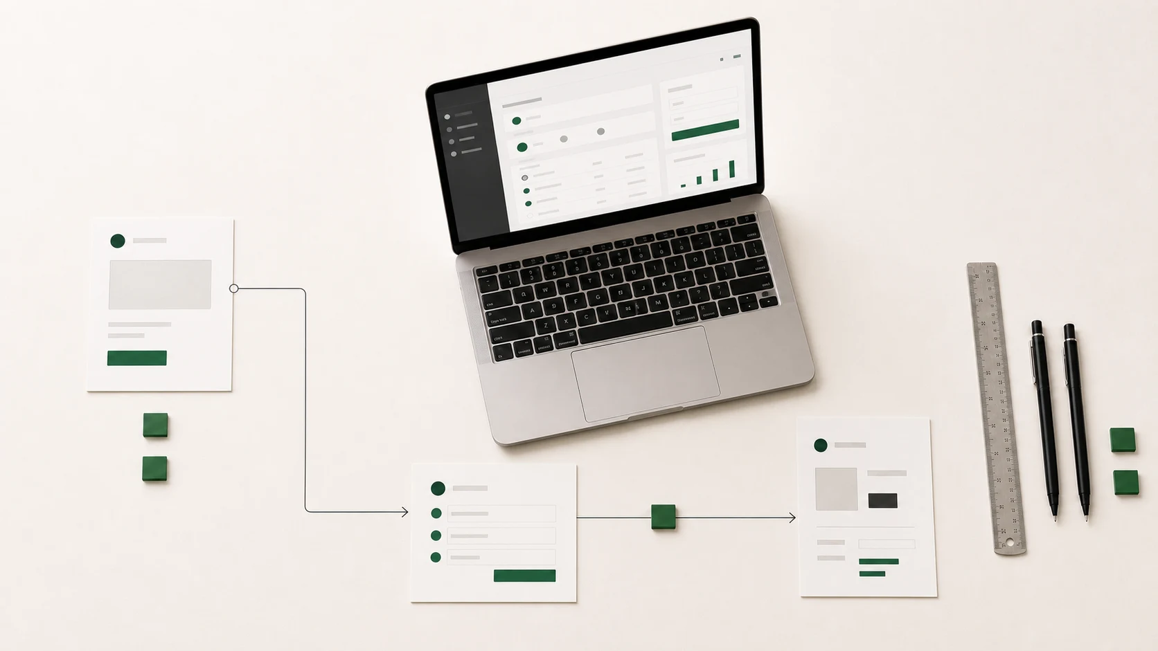 A laptop and screen cards laid out on a table to plan a web application.